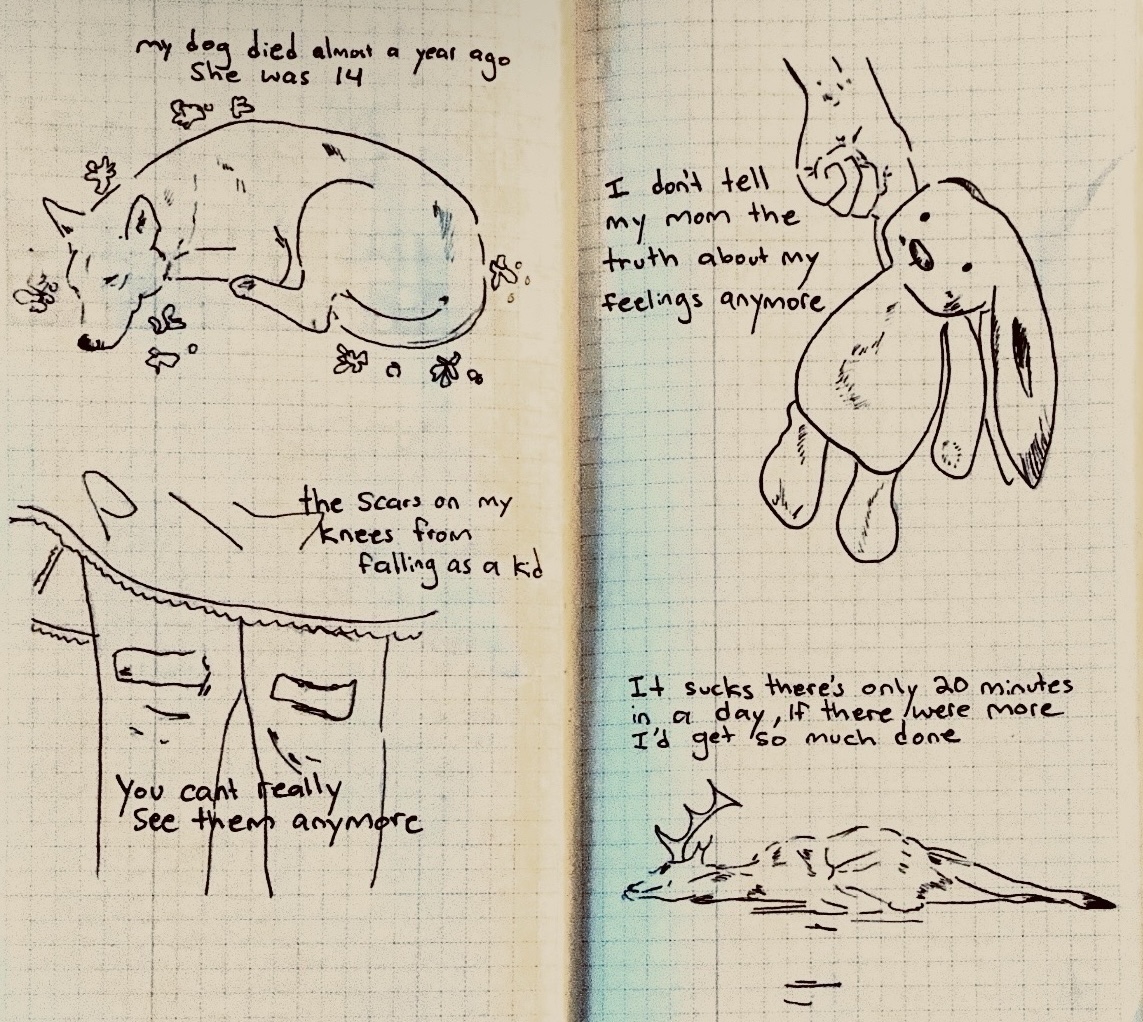 Ink drawing on paper with handwritten notes and small figures