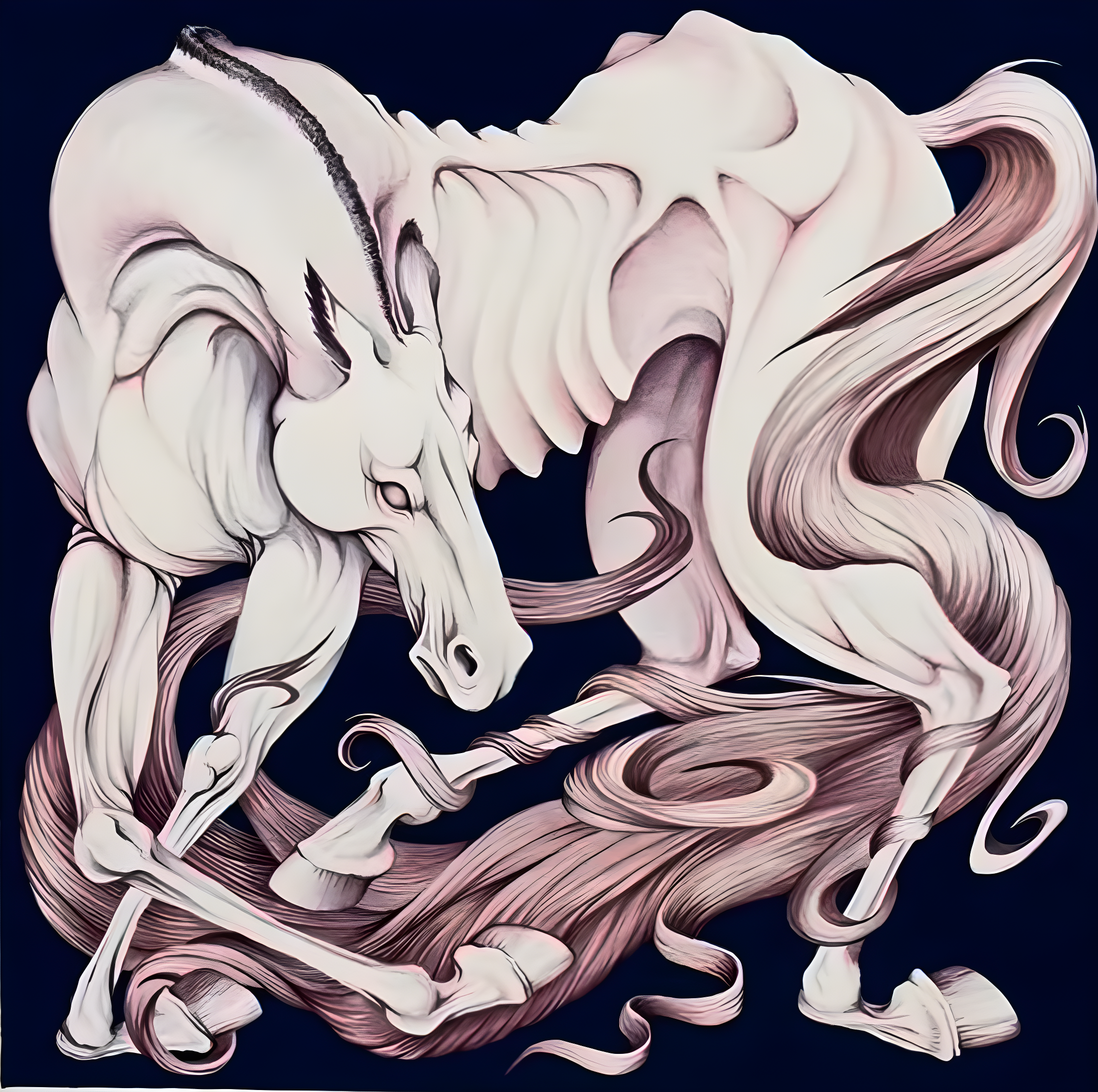Digital artwork of a pale skeletal horse on a dark background