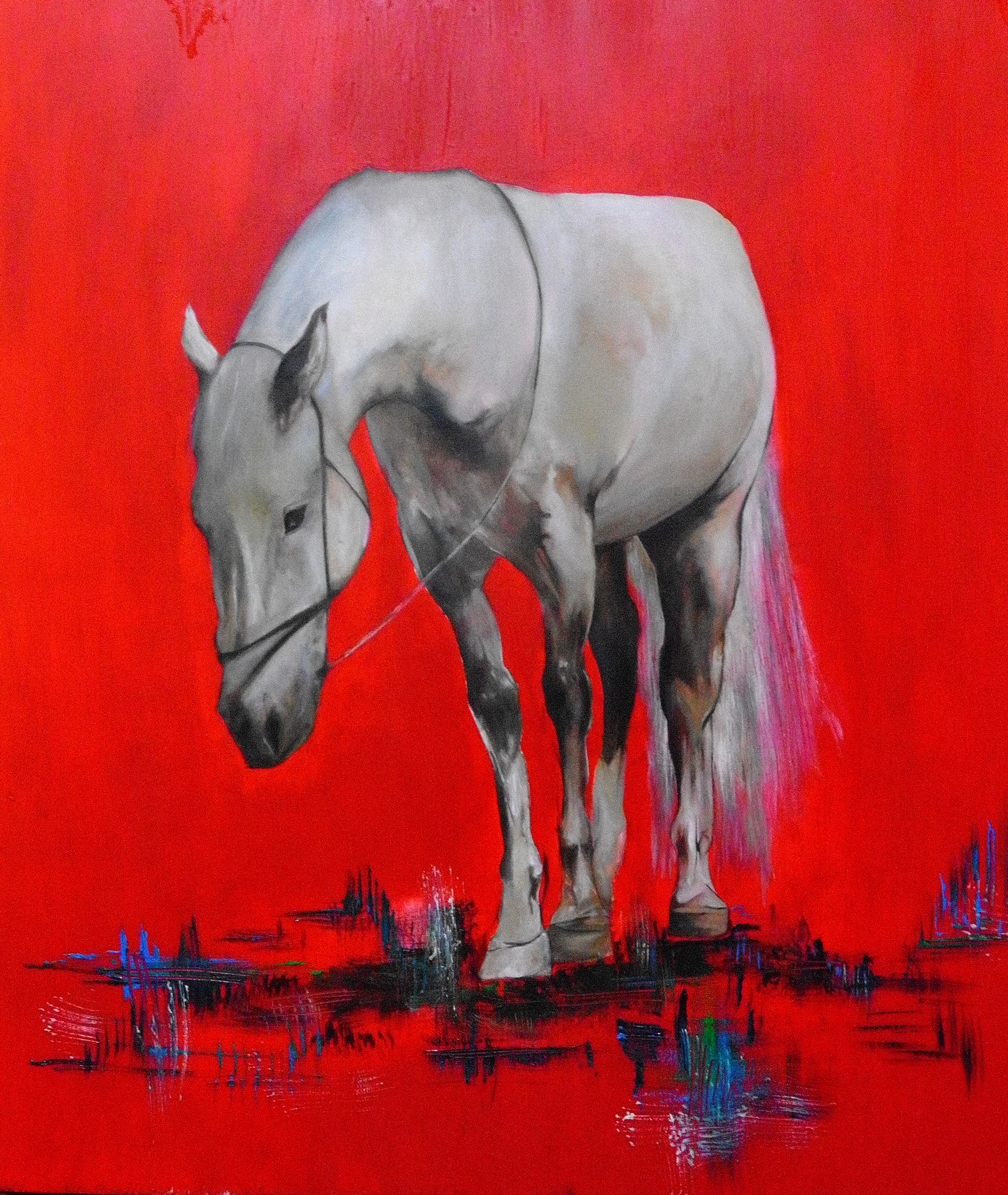 Full artwork of a pale horse on a hot red background