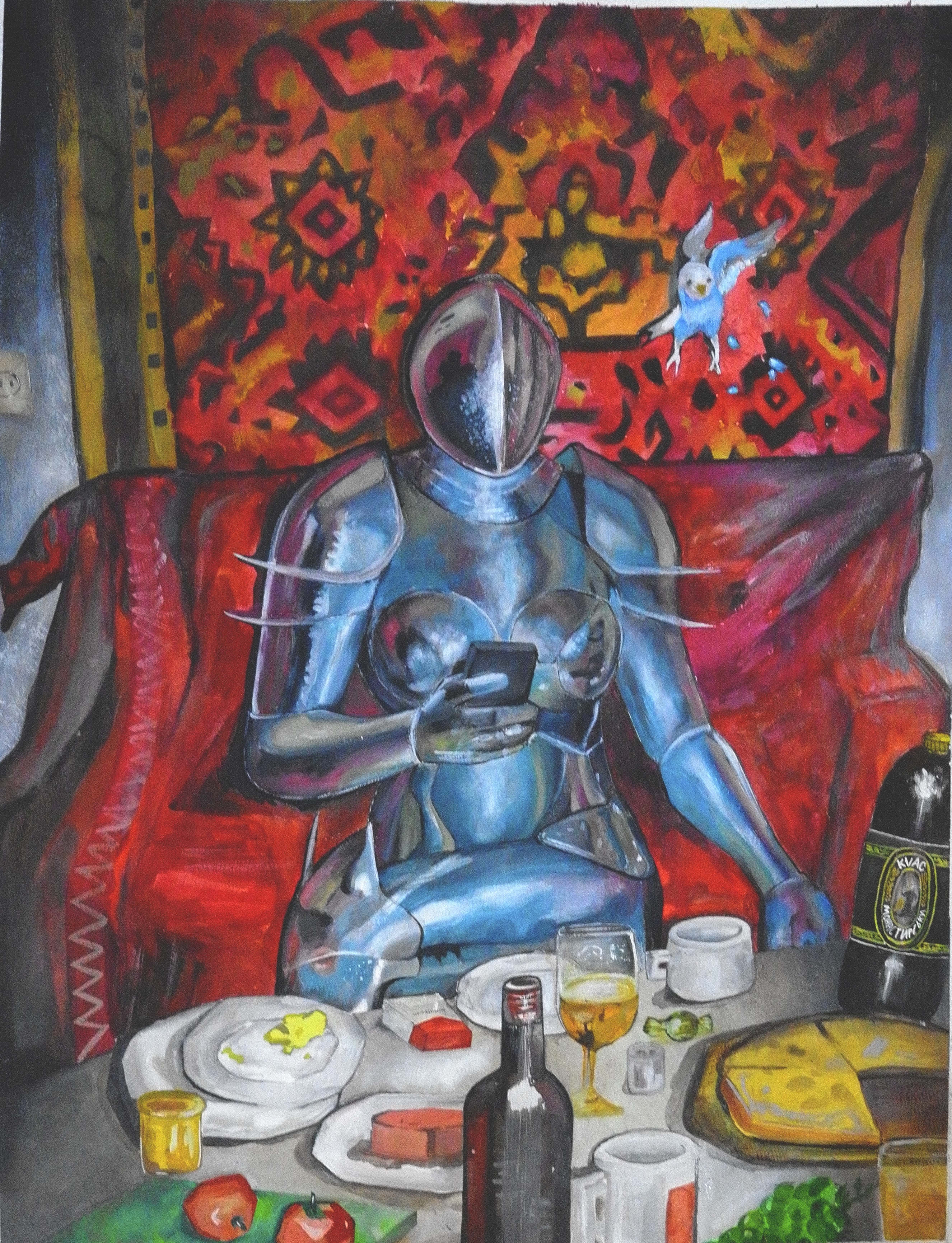 Full artwork showing a knight in armor seated at a table
