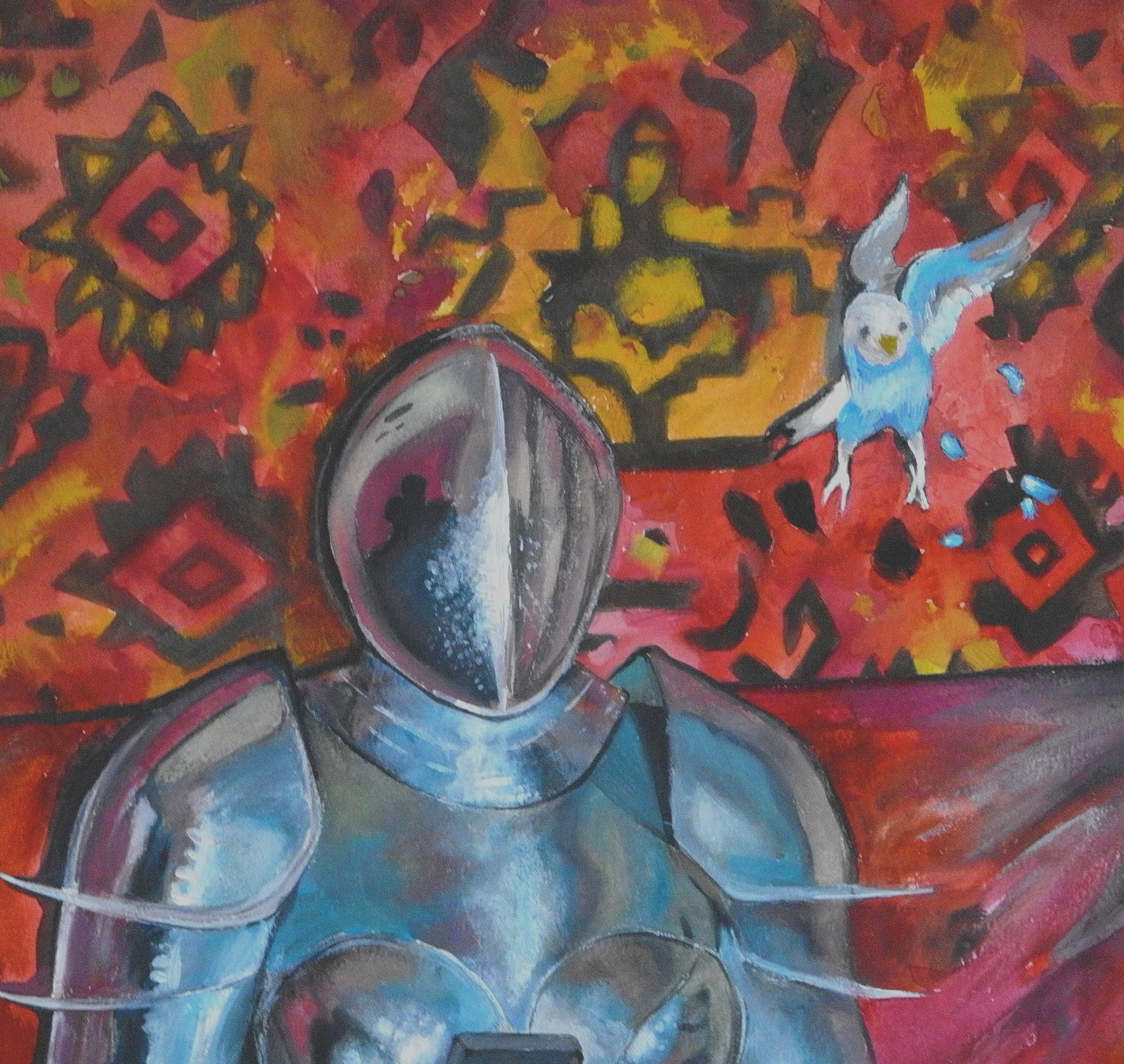 Detail crop of the knight helmet and red wall pattern