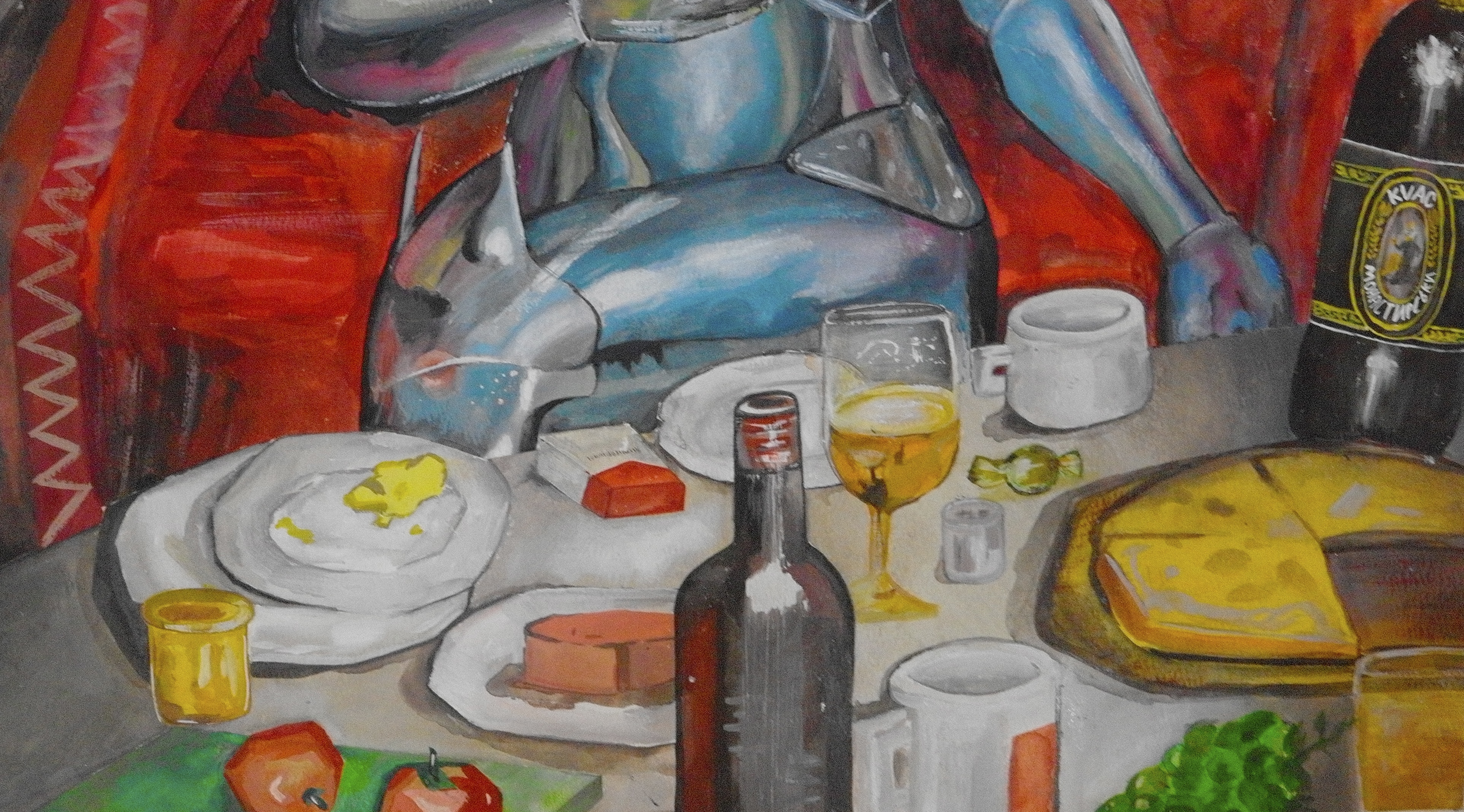 Detail crop of the table setting and lower part of the artwork
